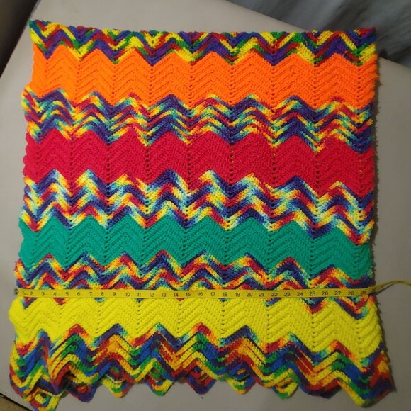 Chevron Throw Blanket Handcrafted Crocheted Multicolor Zigzag Rainbow Bright - Picture 5 of 12